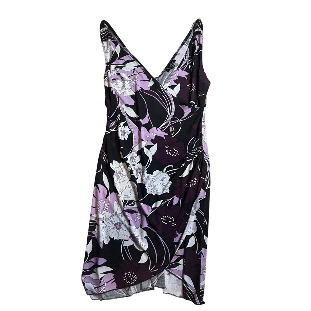 Hourglass Womens Purple Floral Faux Wrap Dress Sleeveless Ruched Large-2127